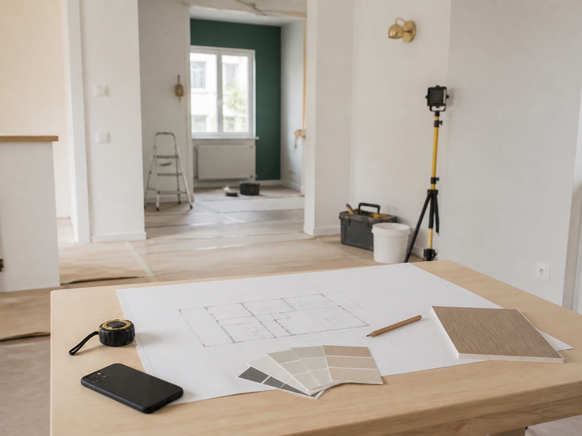 Geordnete Renovierungsplanung mit Grundriss, Maßband und Materialmustern
